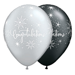 Congratulations - Gratulálunk fekete és ezüst lufi (28 cm, latex)